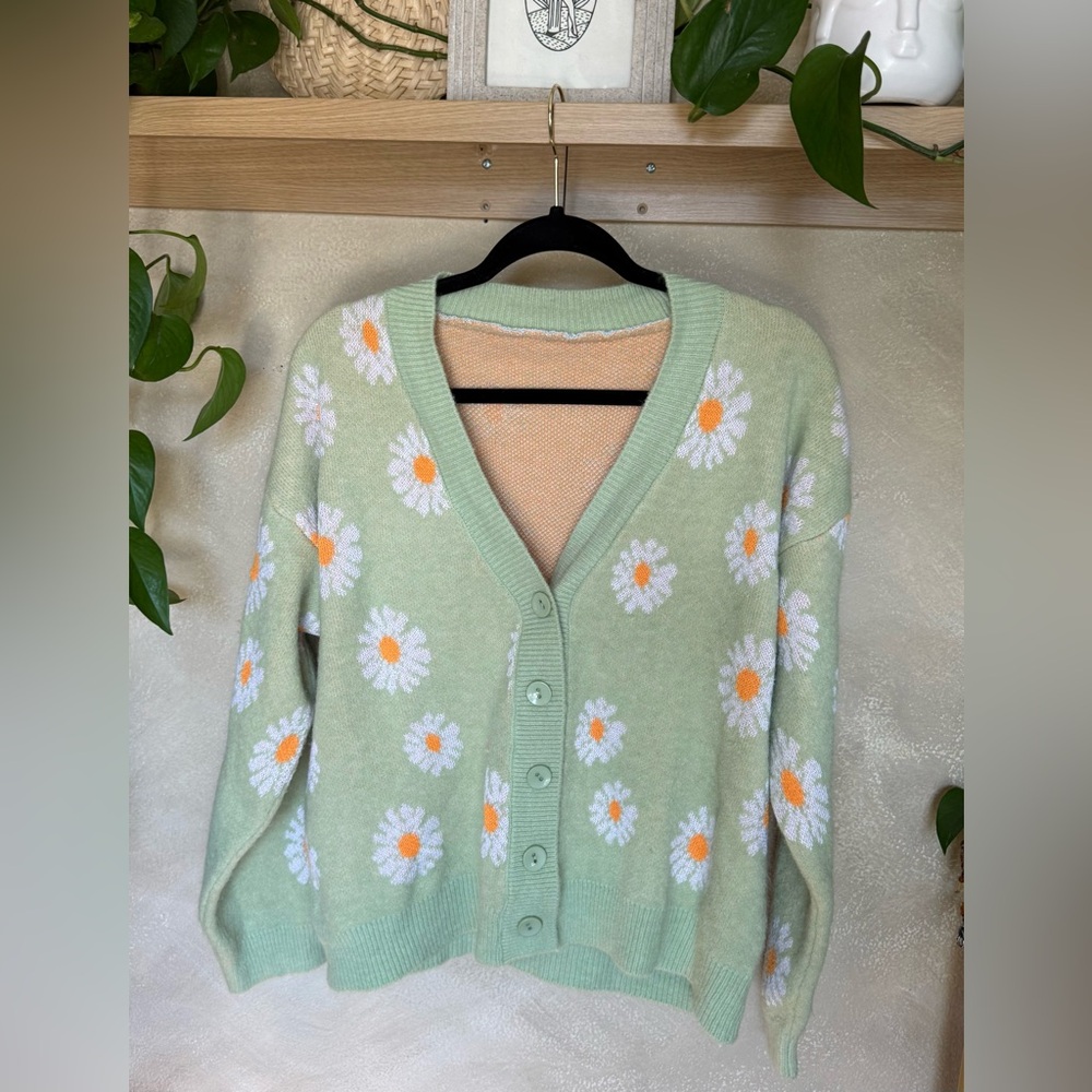 Floral Green Cardigan Sweater